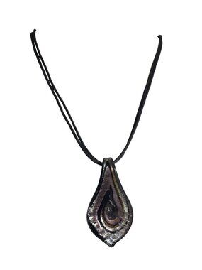 Black Double Cord Dichroic Glass Pendant Necklace Teardrop Black Gold Silver 21"